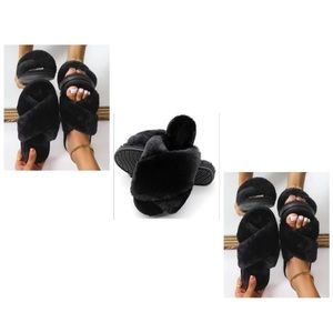 Fluffy Faux Fur Black Large Slippers NWT